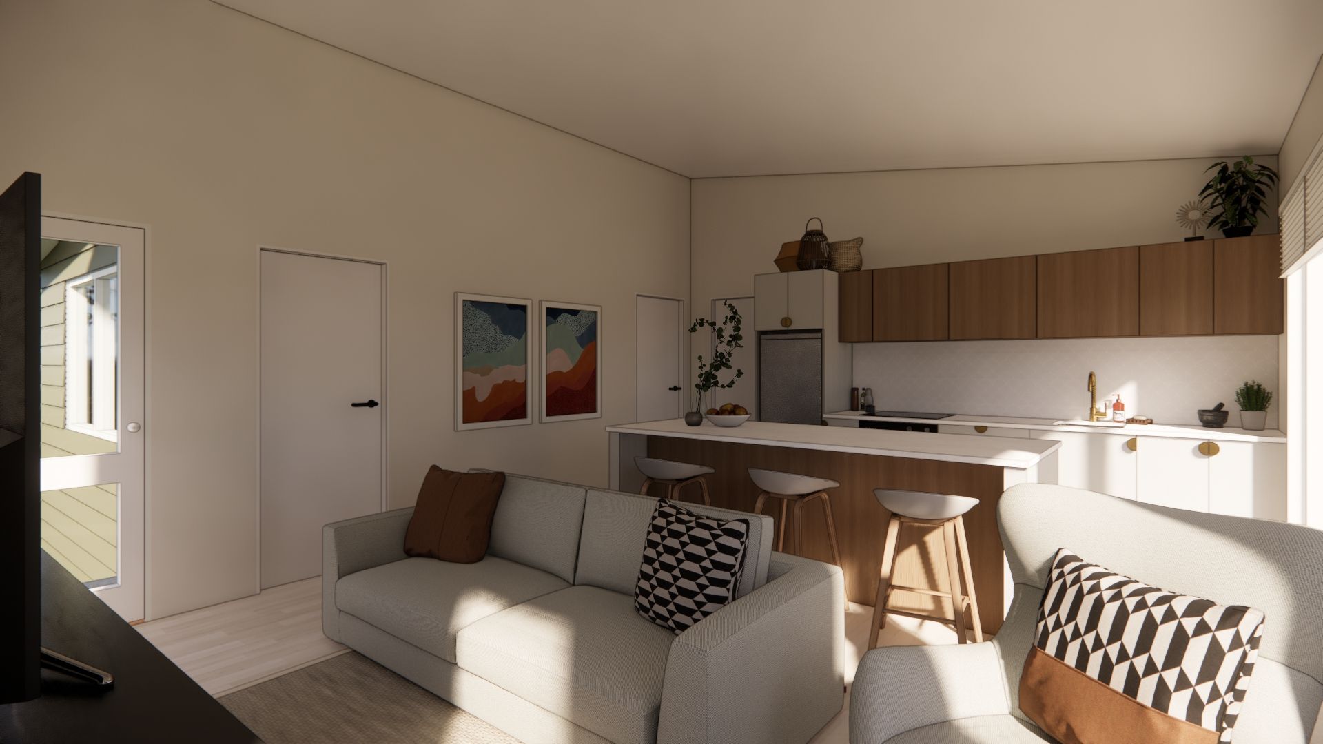 A living room with a couch , television , and kitchen.