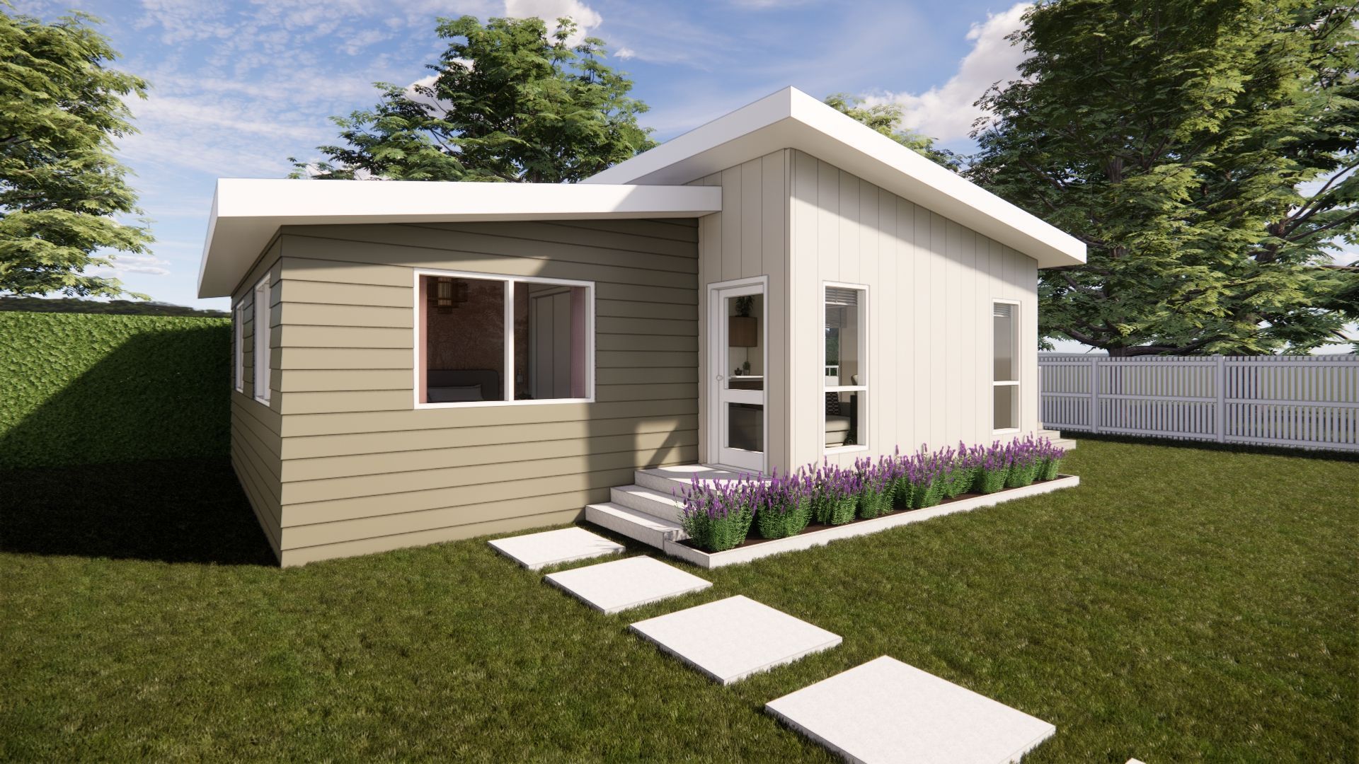 A small house with a walkway leading to it is sitting on top of a lush green lawn.