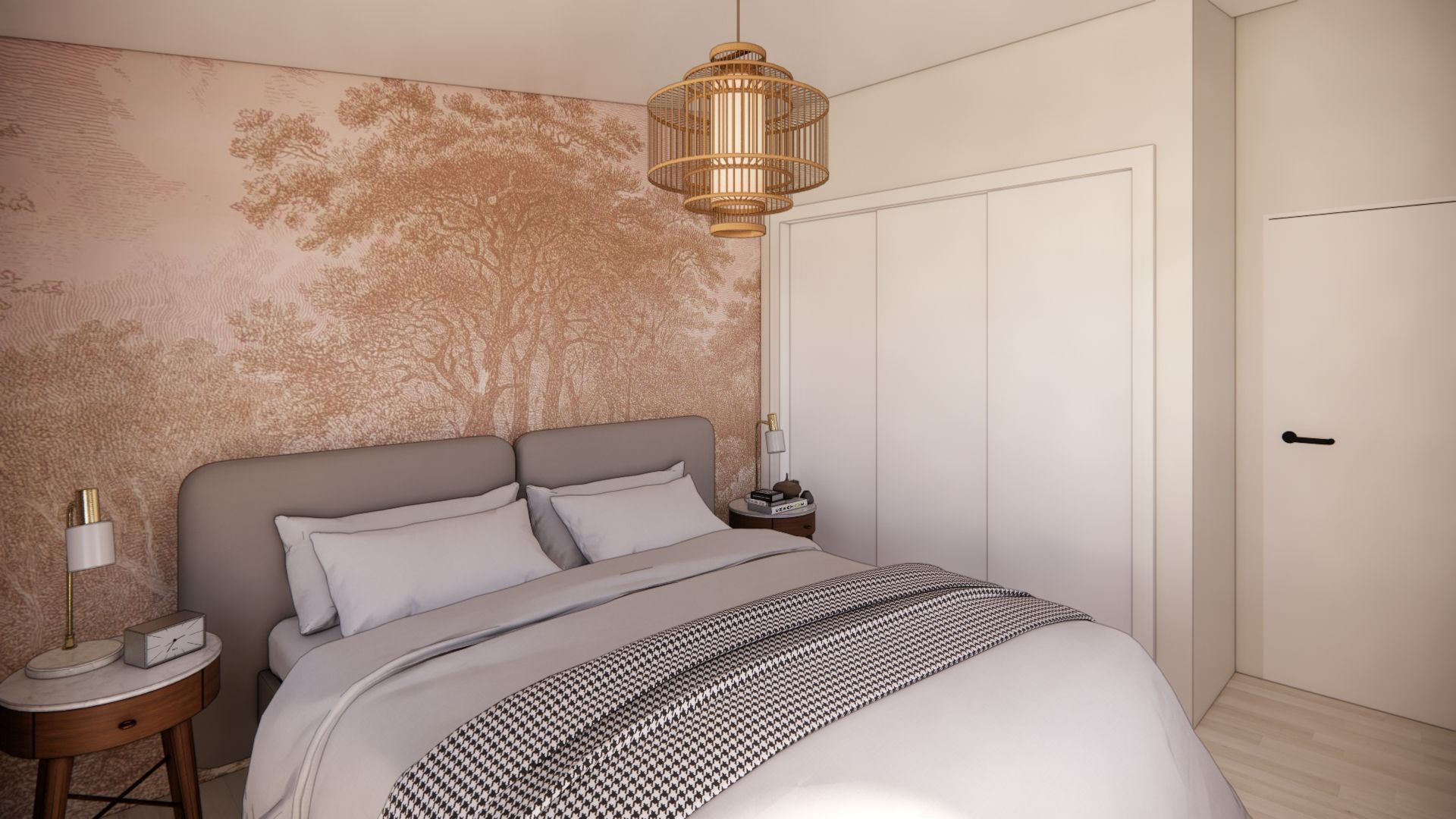 A bedroom with a bed , nightstand , and closet.