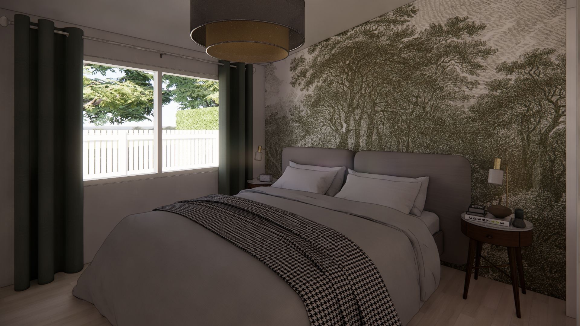 A bedroom with a bed , nightstand , and window.