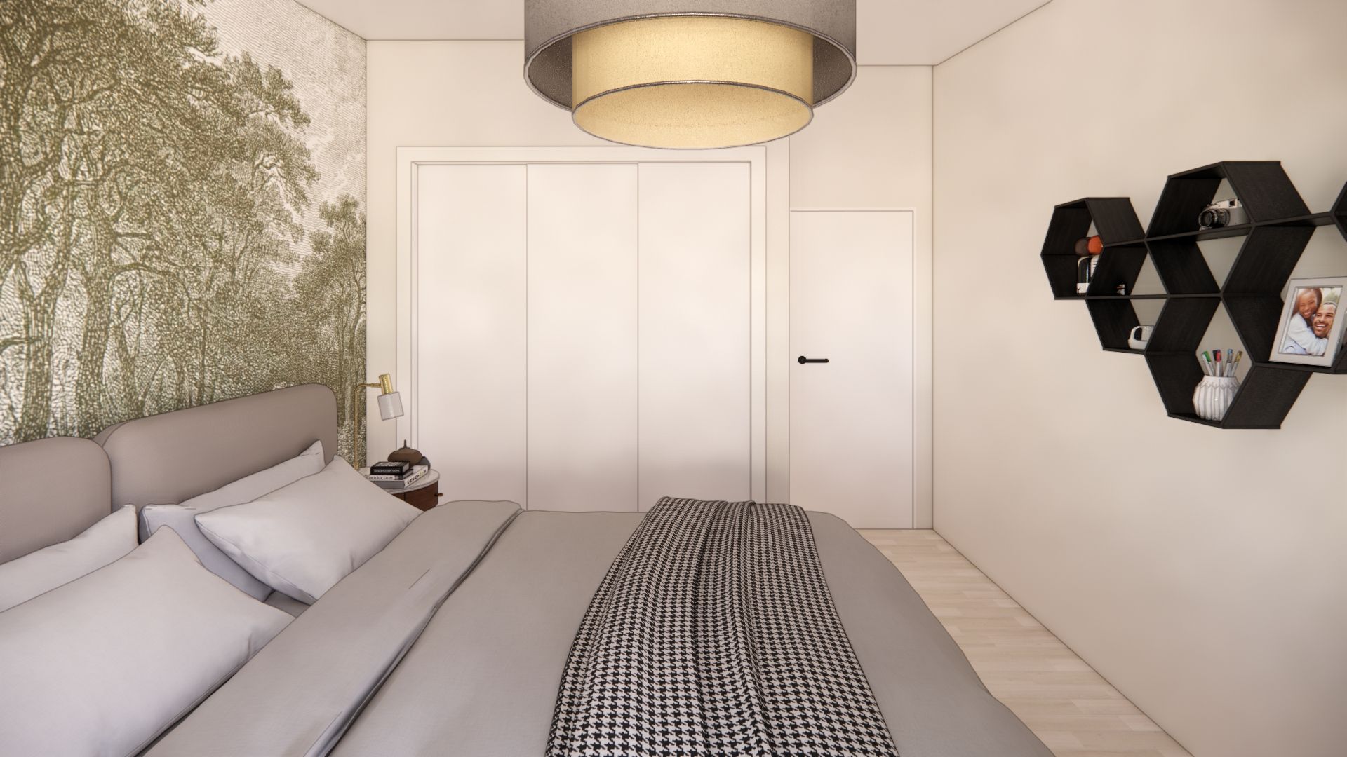 A bedroom with a bed , shelves , and a painting on the wall.