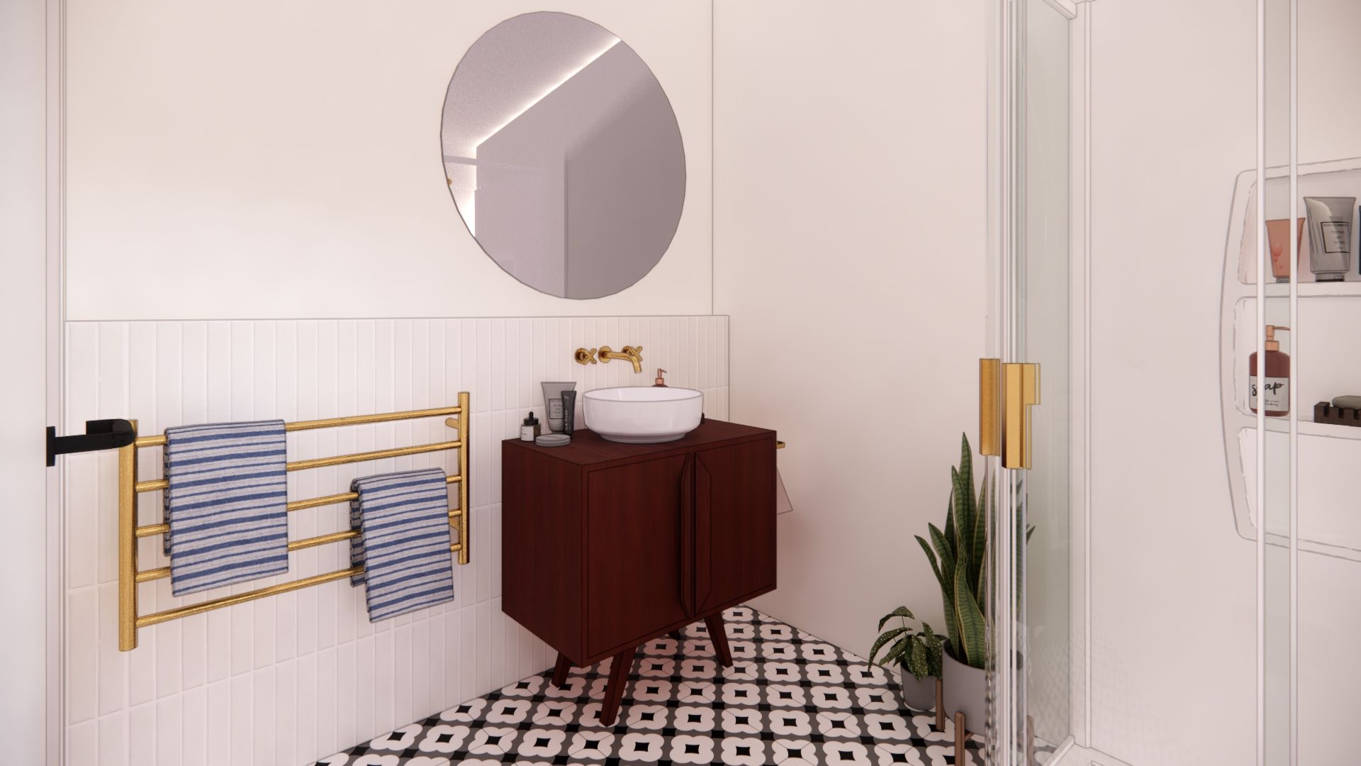 A bathroom with a sink , mirror and towel rack.