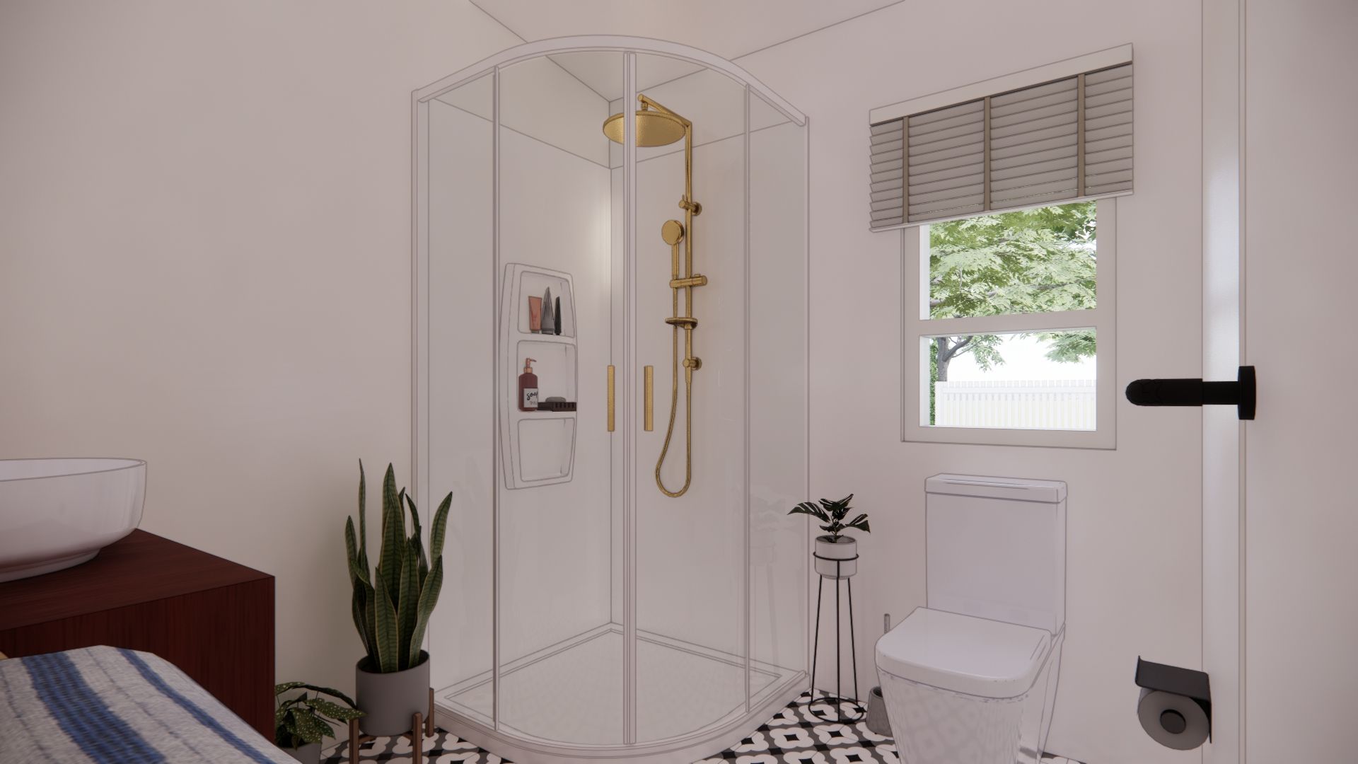 A bathroom with a shower , toilet , sink and window.