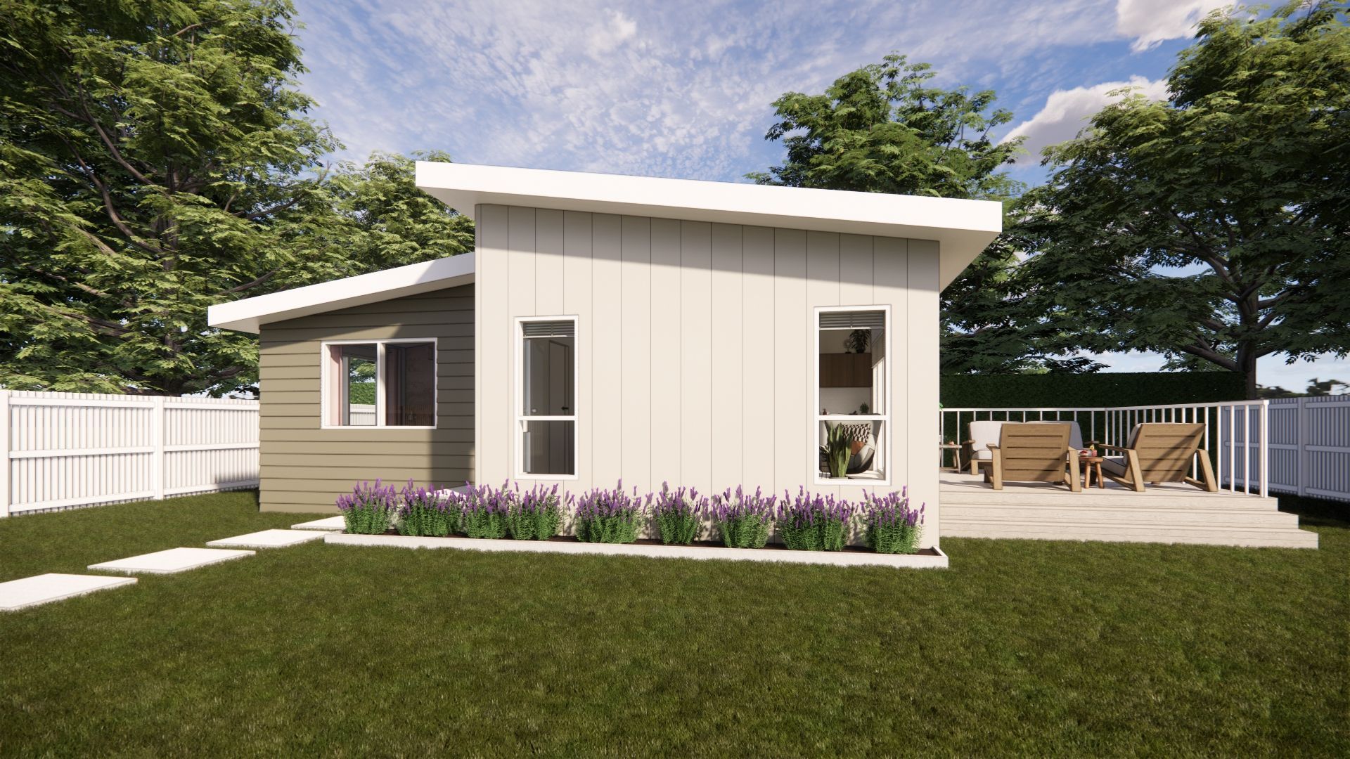 An artist 's impression of a small house with a deck in the backyard.