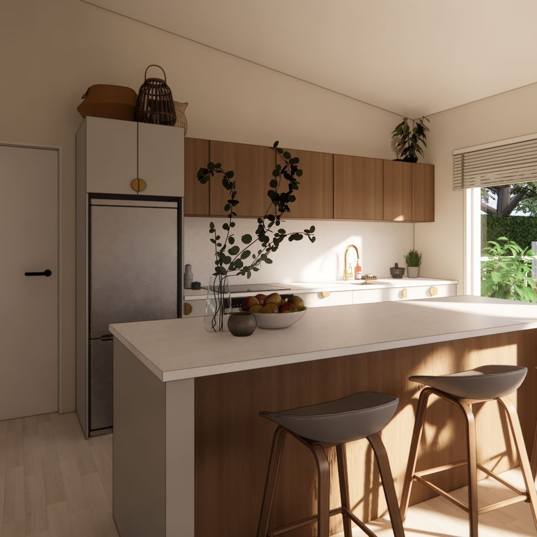 A kitchen with a large island and stools