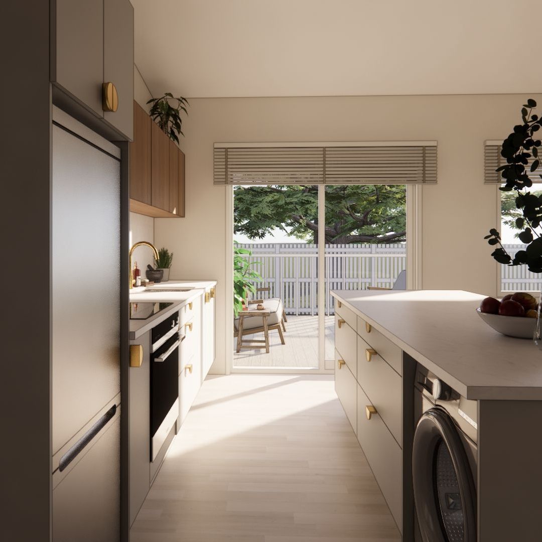 A kitchen with a washer and dryer and a sliding glass door