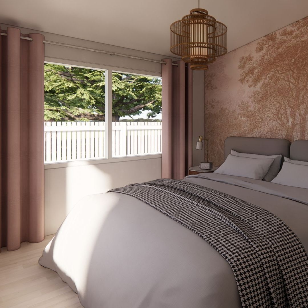 A bedroom with a large bed and a large window