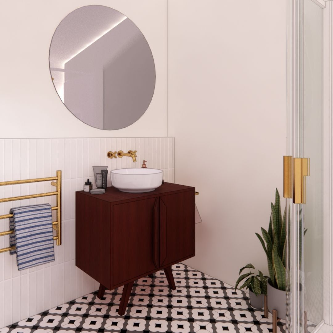 A bathroom with a sink , mirror and towel rack