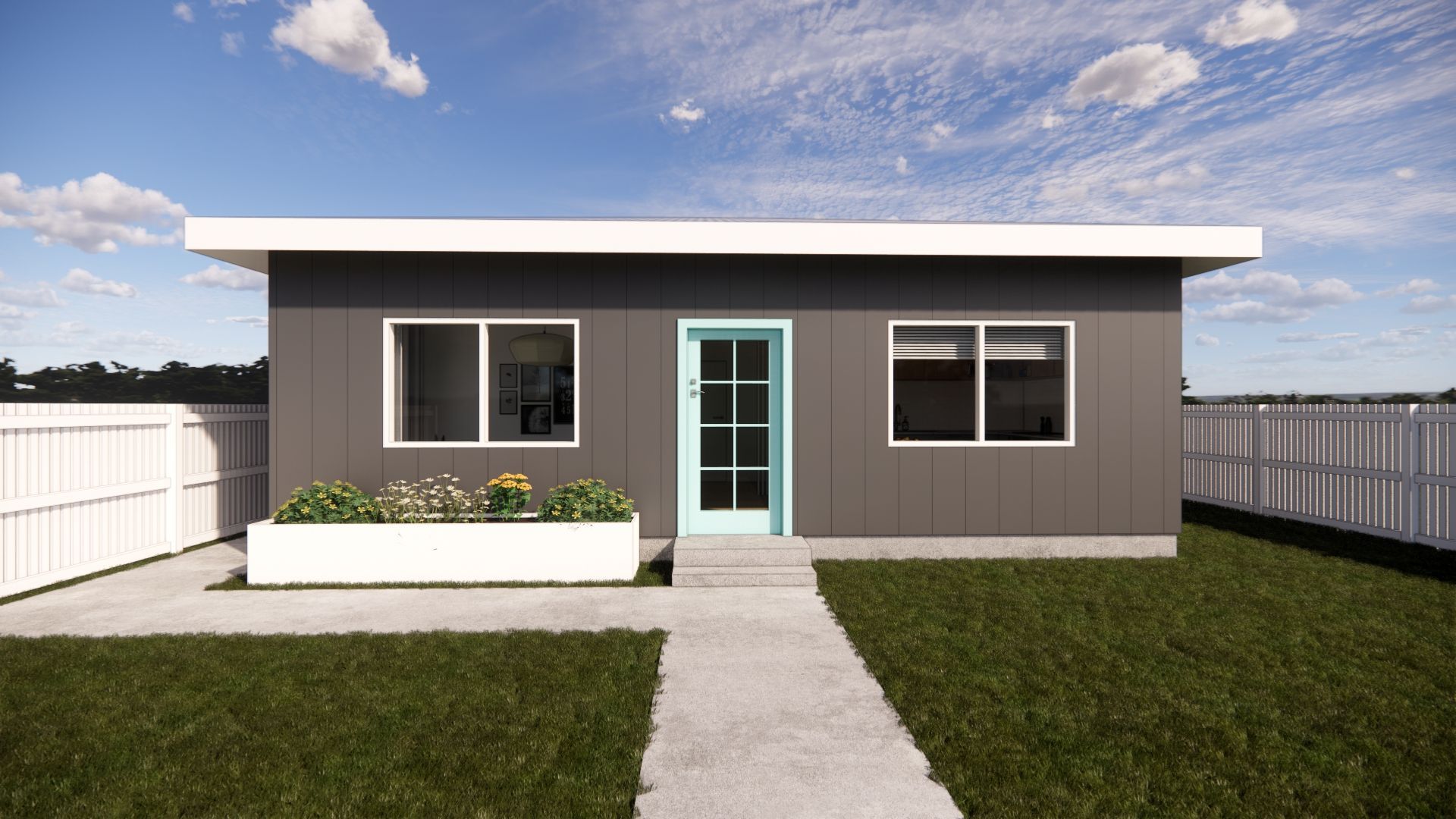 An artist 's impression of a small house with a blue door.