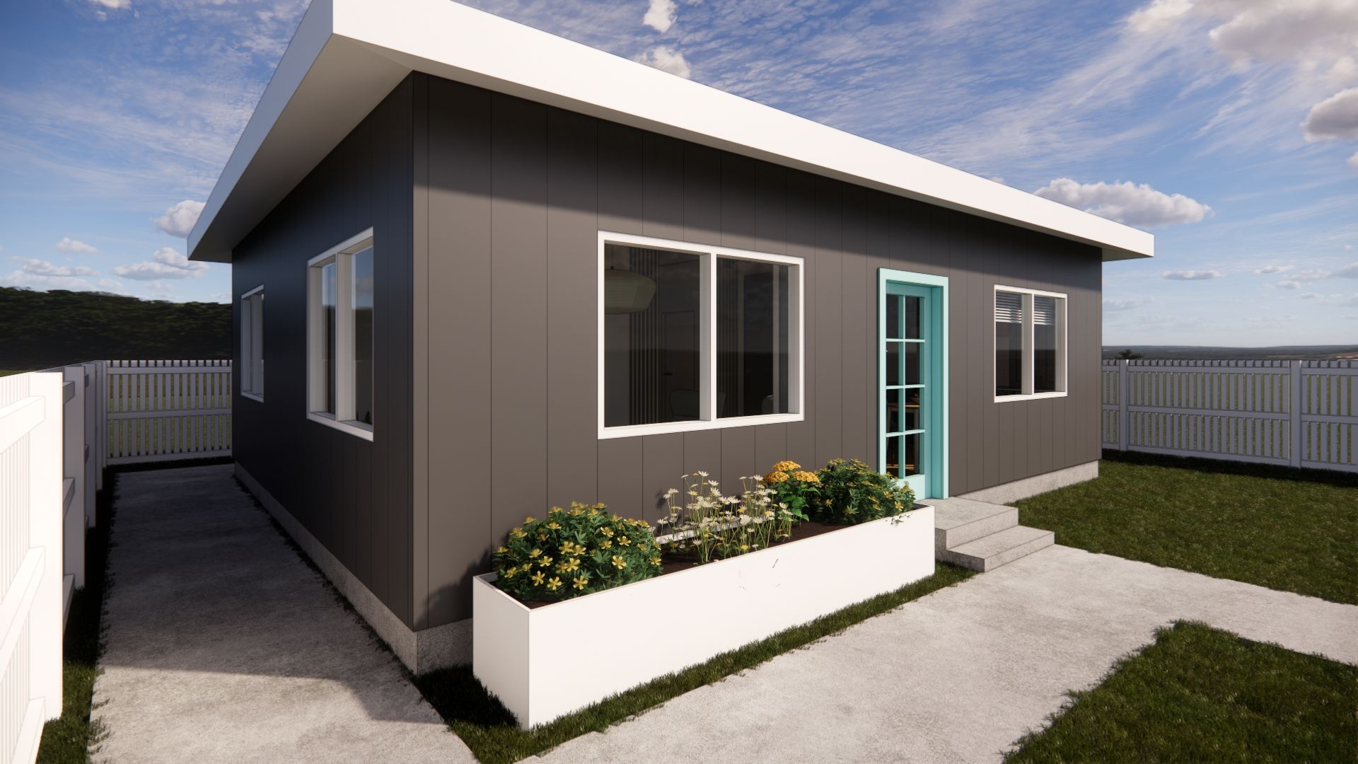 An artist 's impression of a small house with a blue door.