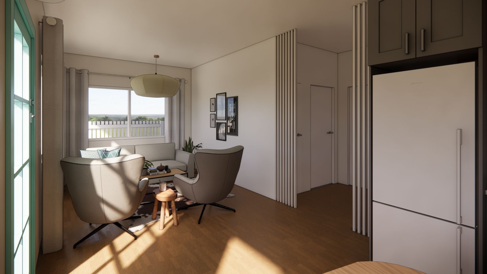 A living room with a couch , chairs , and a refrigerator.