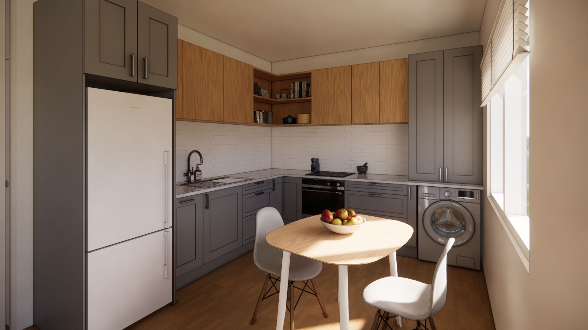A kitchen with a table and chairs and a washing machine.