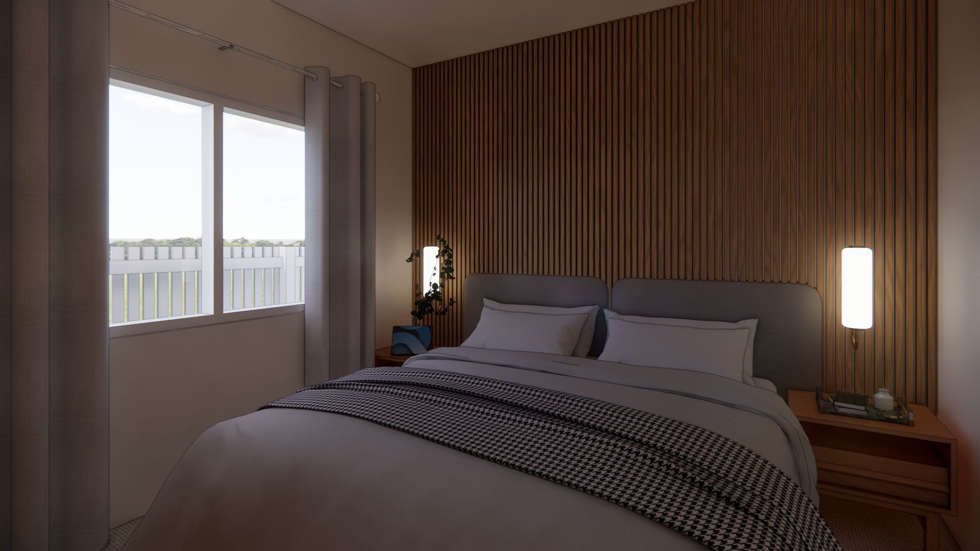 A bedroom with a bed , nightstand , mirror and window.