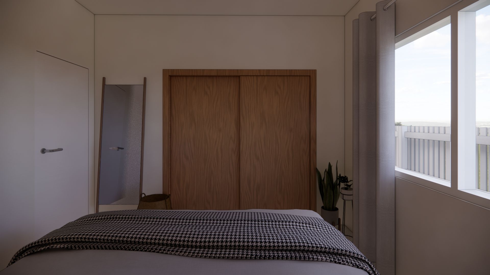 A bedroom with a bed , closet , mirror and window.