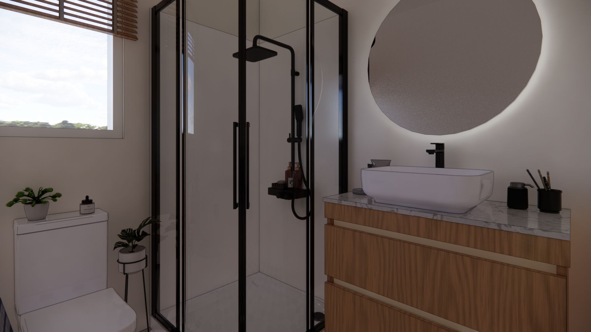 A bathroom with a toilet , sink , shower and mirror.