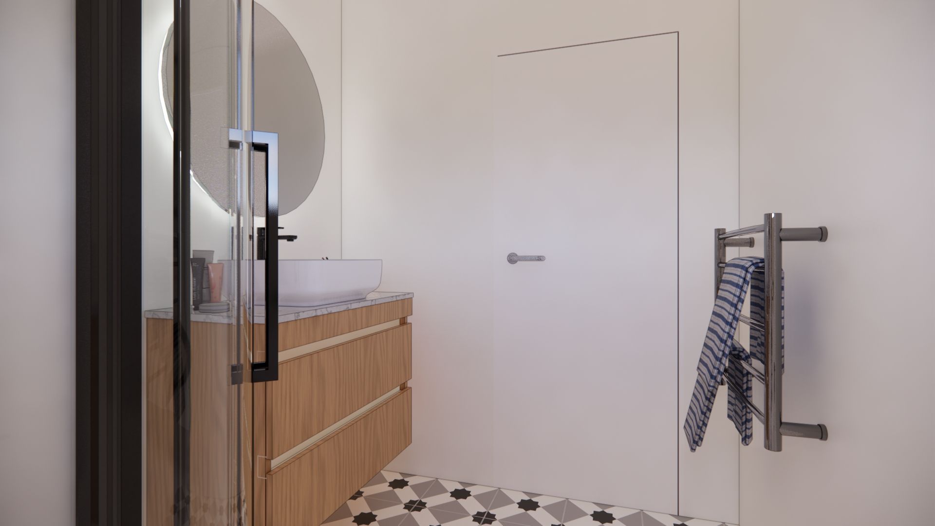 A bathroom with a sink , mirror , and shower.
