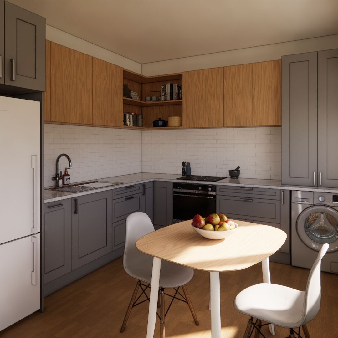 A kitchen with a table and chairs and a bowl of fruit on it
