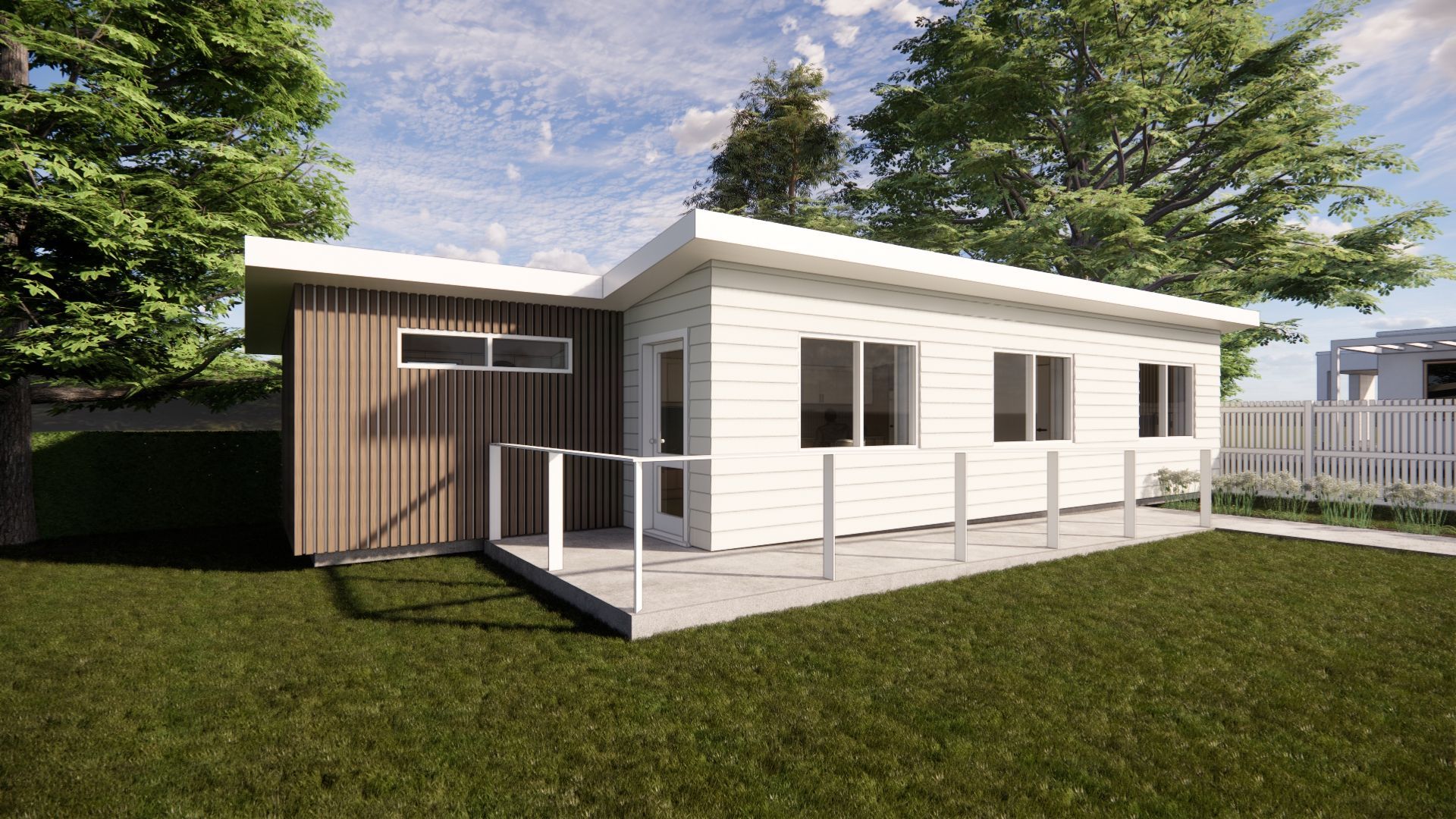 An artist 's impression of a small house with a porch and trees in the background.