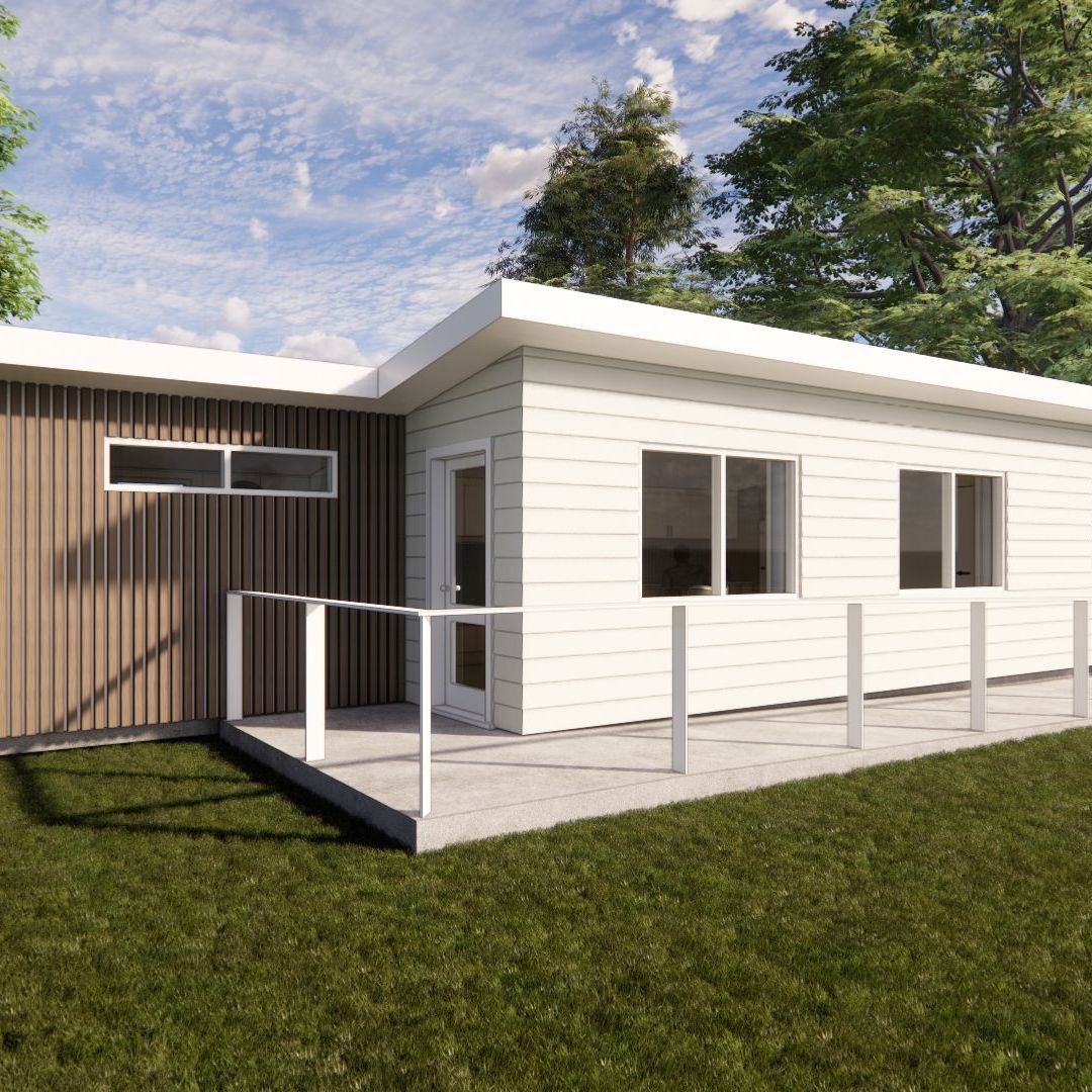 An artist 's impression of a small house with a ramp