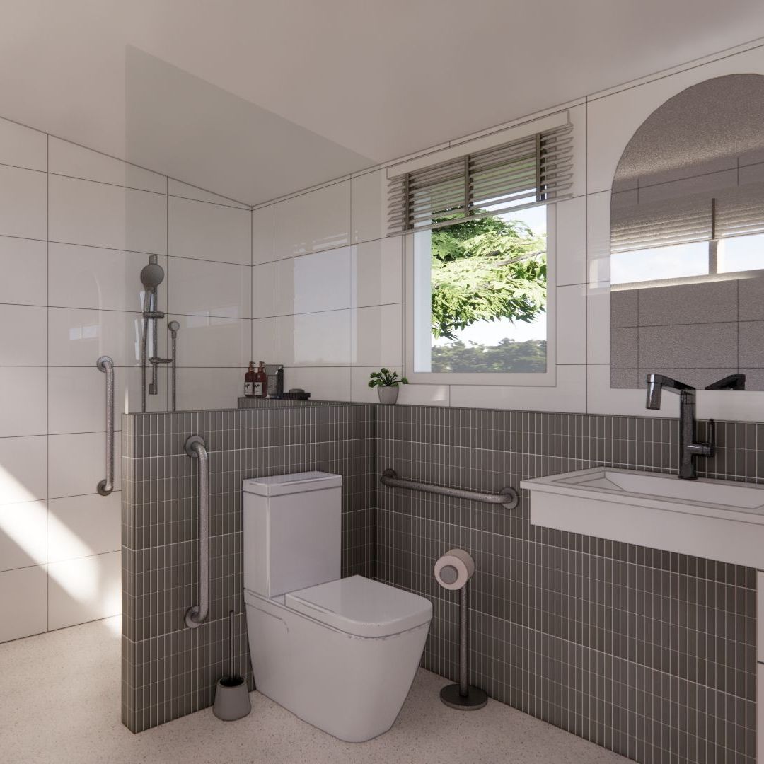 A bathroom with a toilet a sink and a window