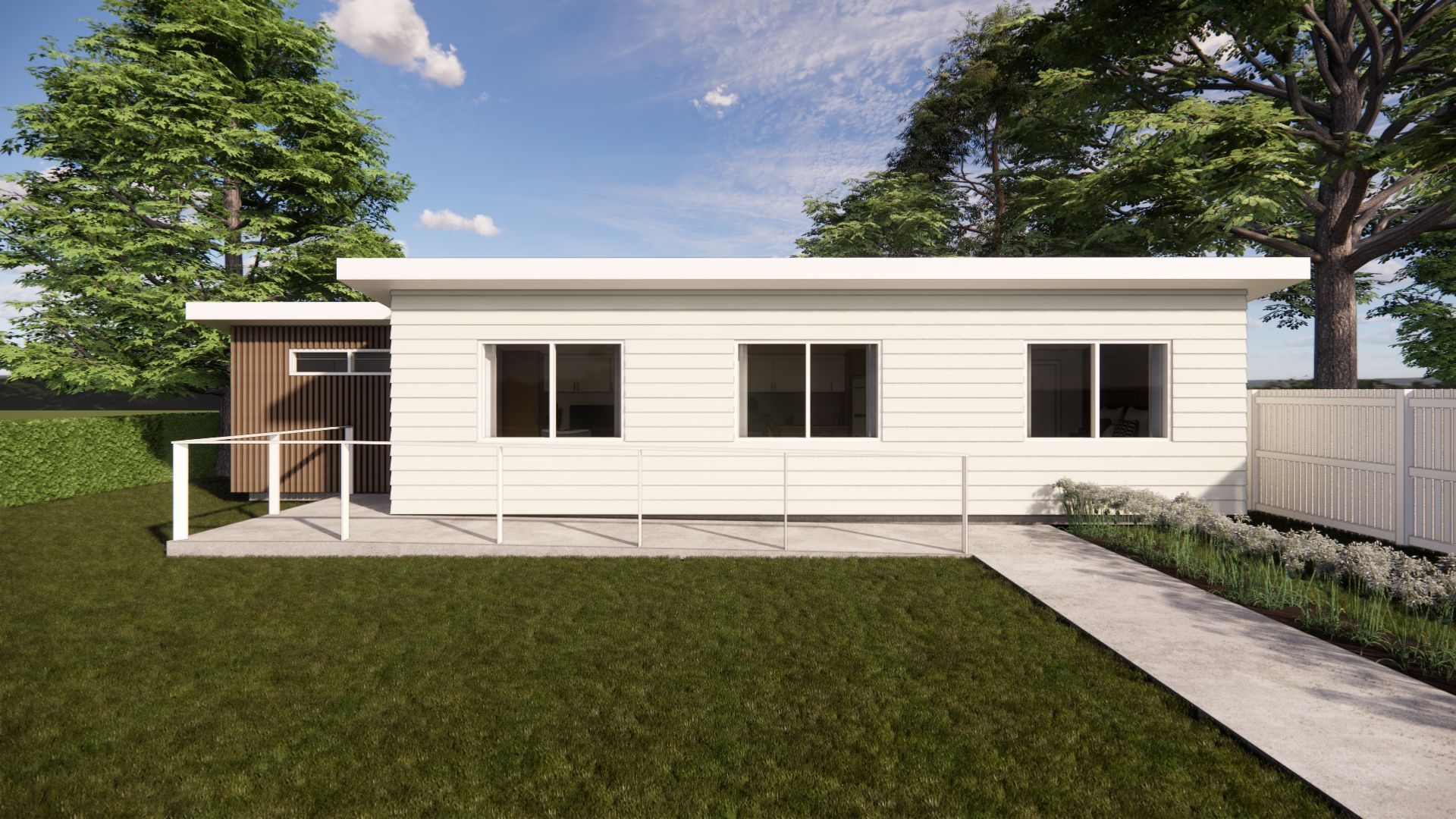 An artist 's impression of a small white house with a walkway leading to it.
