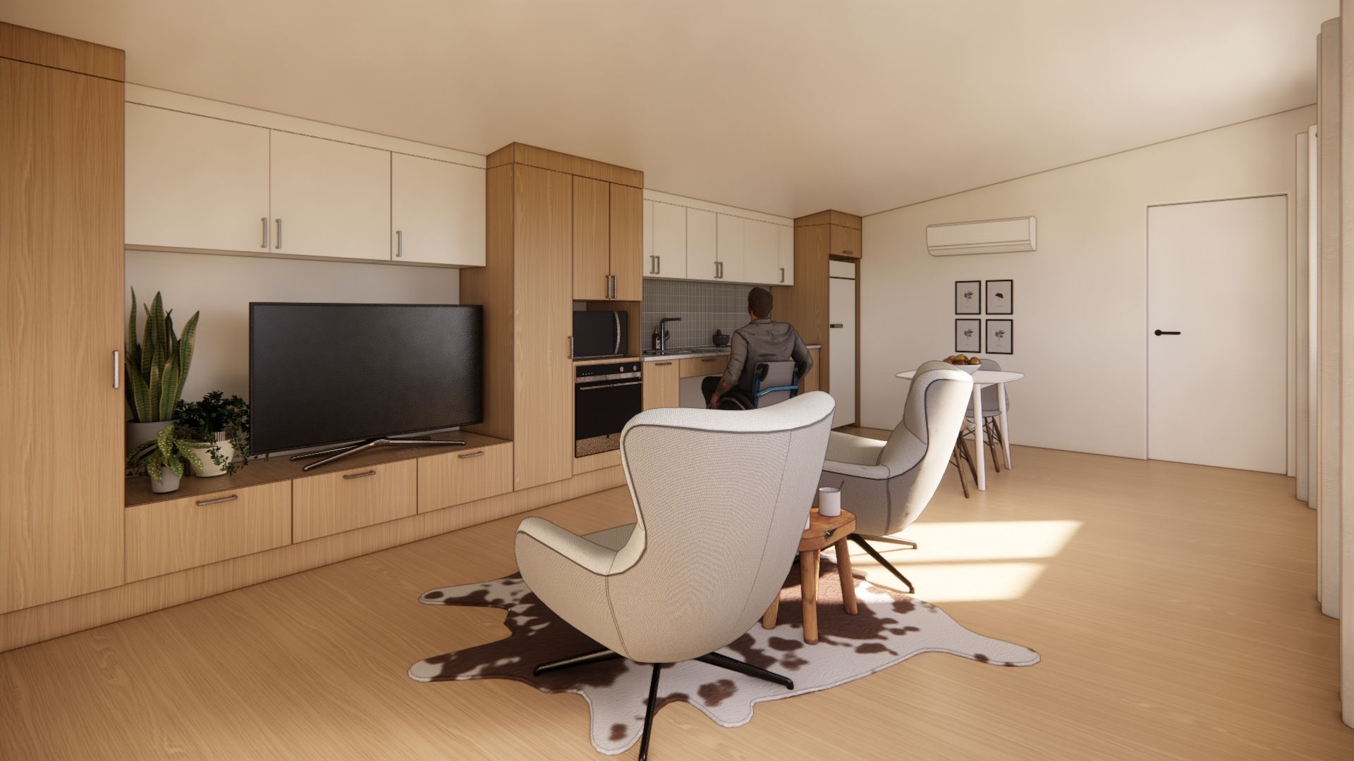 An artist 's impression of a living room with a television and chairs.