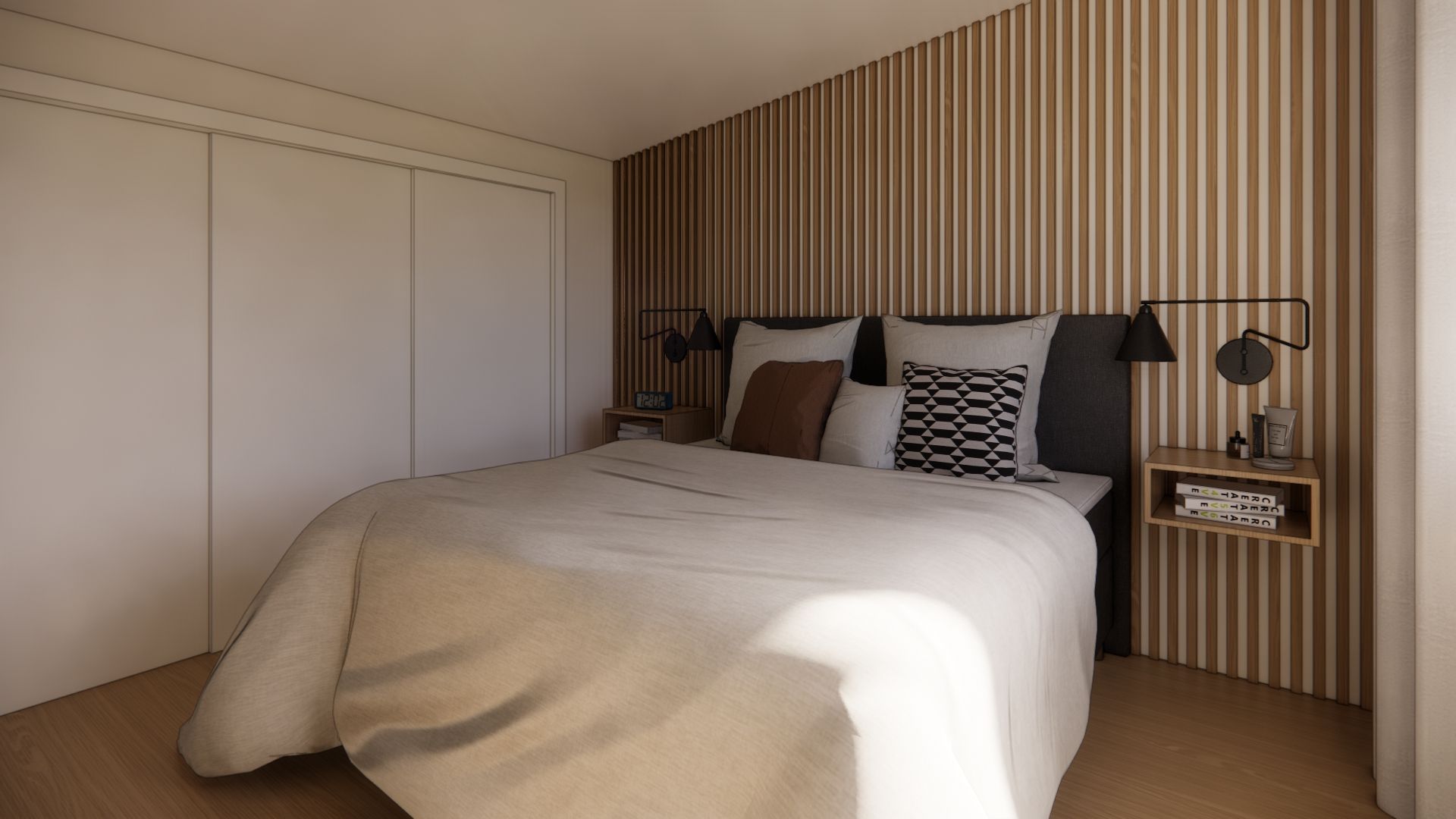 A bedroom with a bed , nightstand , and striped wallpaper.