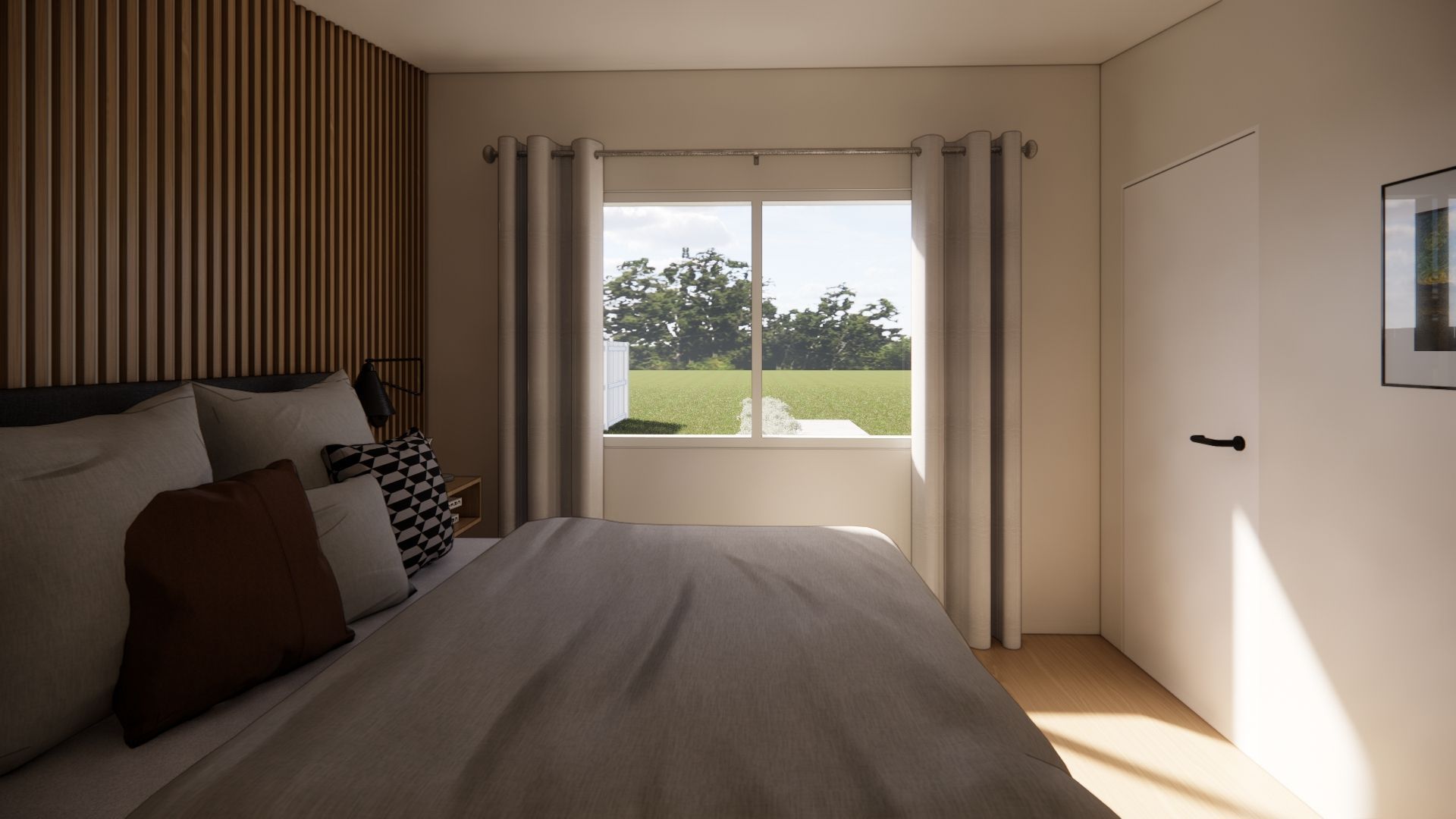 A bedroom with a large bed and a large window.