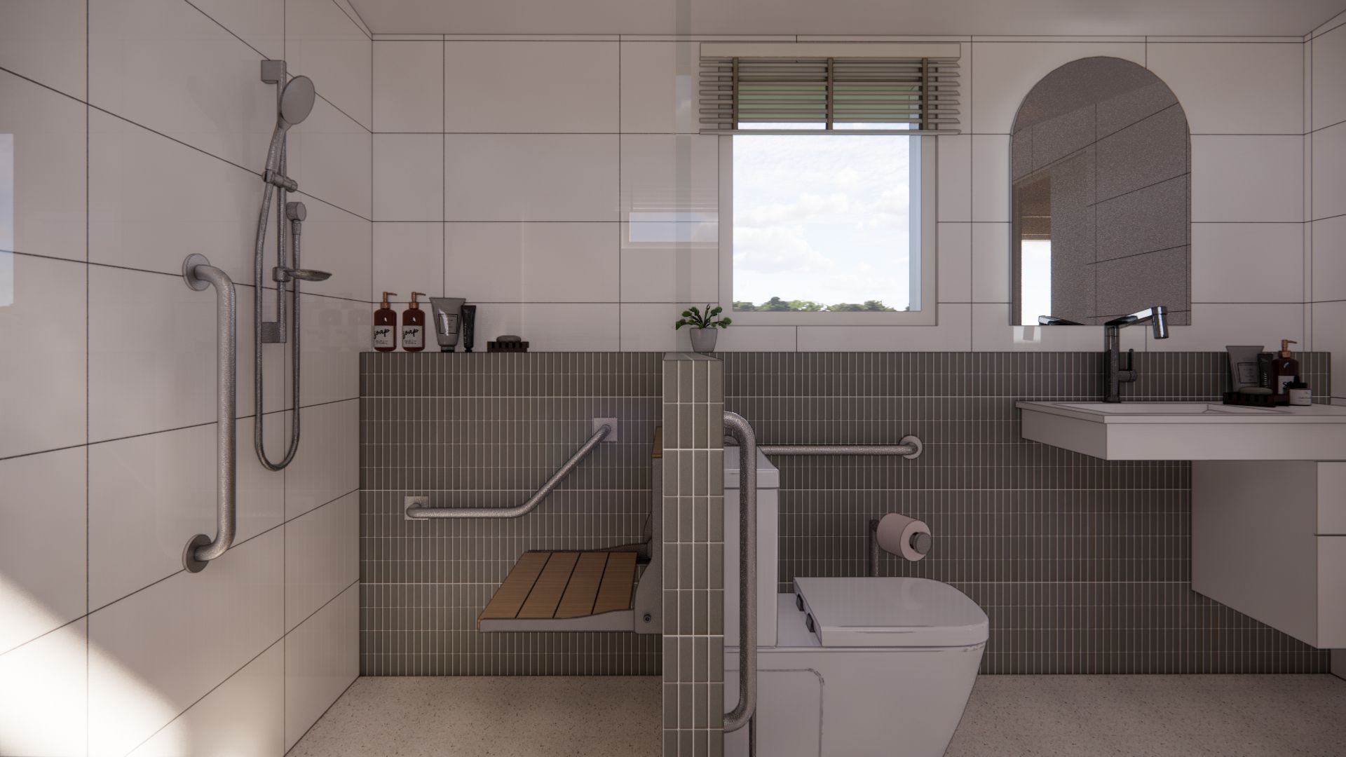 A bathroom with a toilet , sink , shower and window.