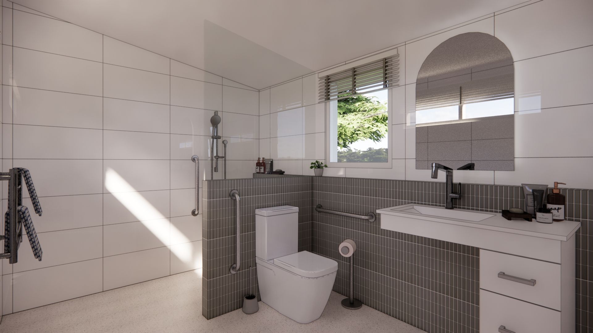 A bathroom with a toilet , sink and mirror.