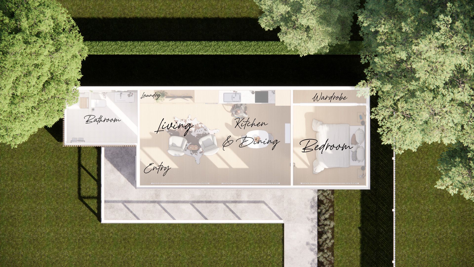 An aerial view of a house with trees in the background