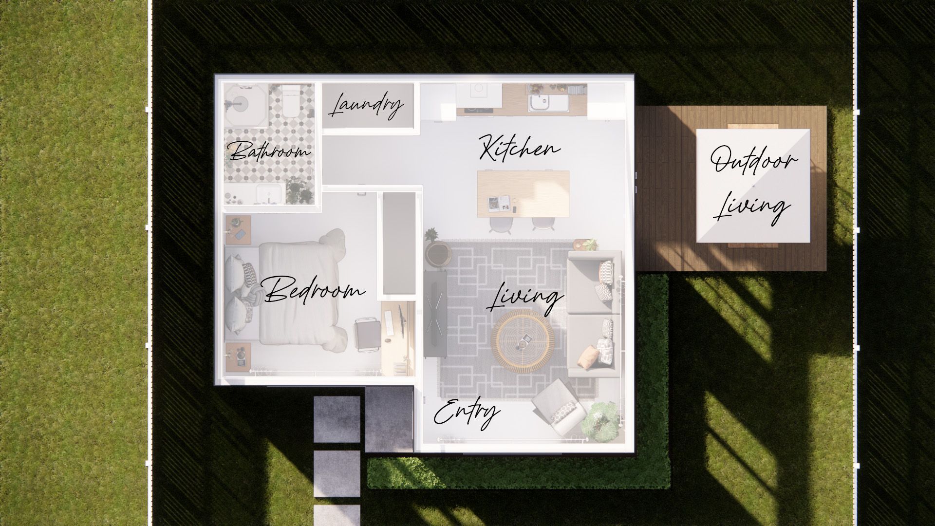 An aerial view of a floor plan of a house.