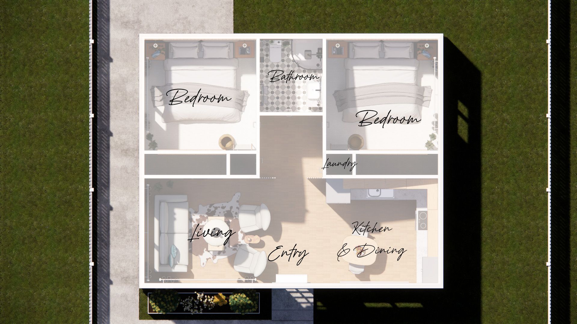 An aerial view of a floor plan of a house.