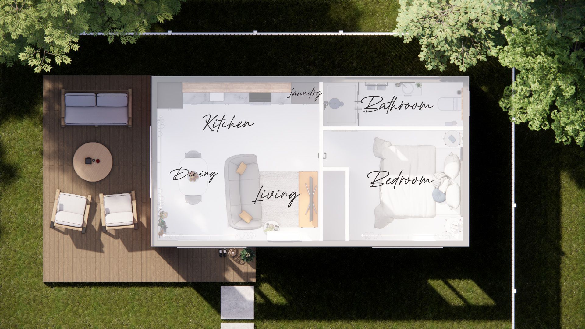 An aerial view of a floor plan of a house.