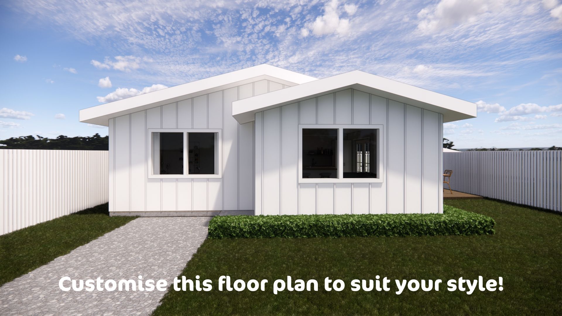 A white house with a fence in front of it and the words `` customise this floor plan to suit your style ''.