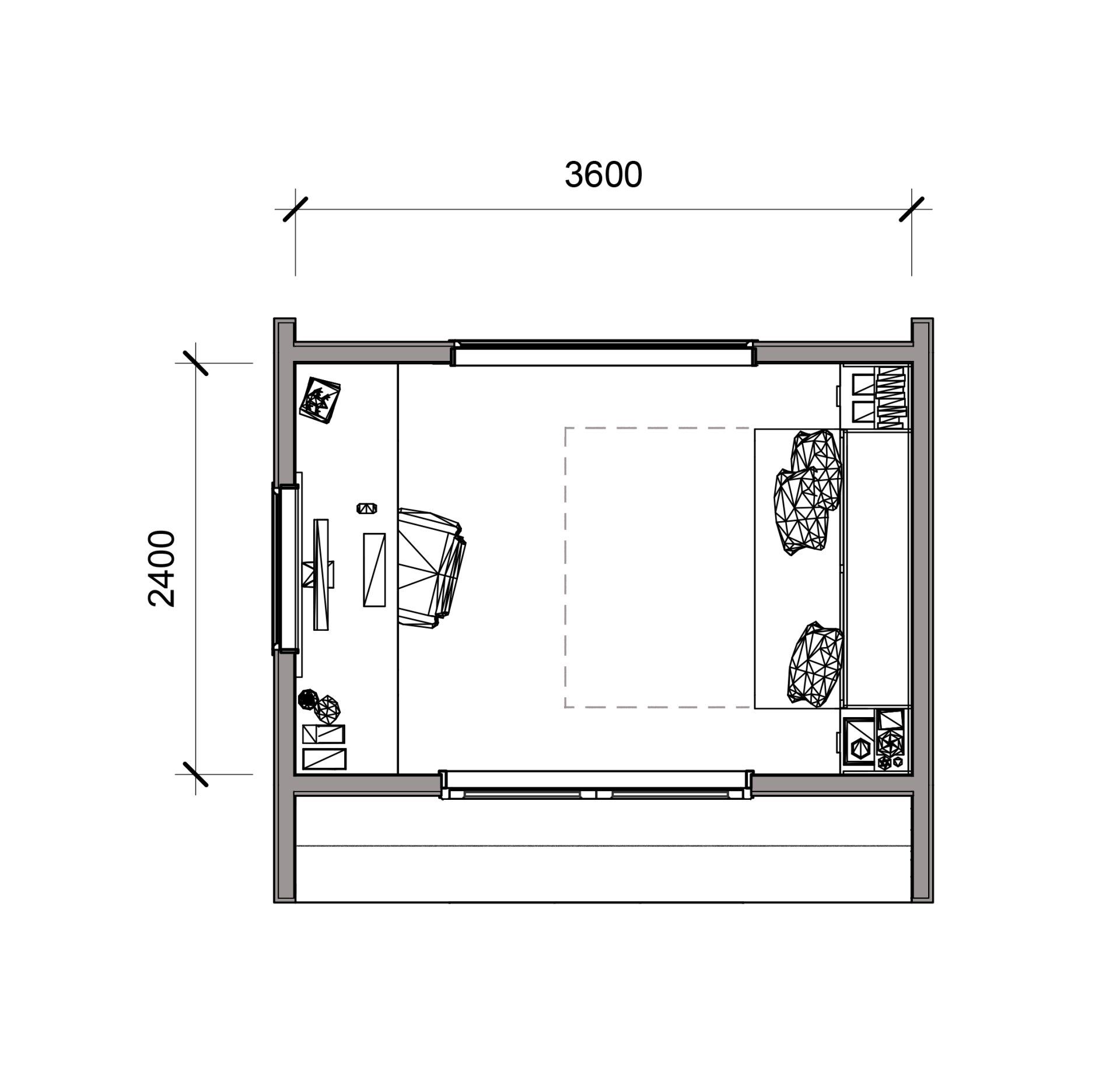 A black and white floor plan of a bedroom with a bed and a television.