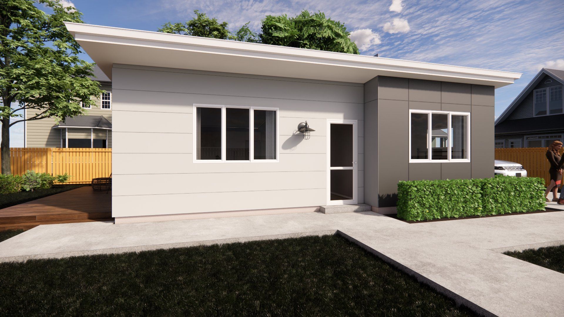 An artist 's impression of a small house with a lot of windows.