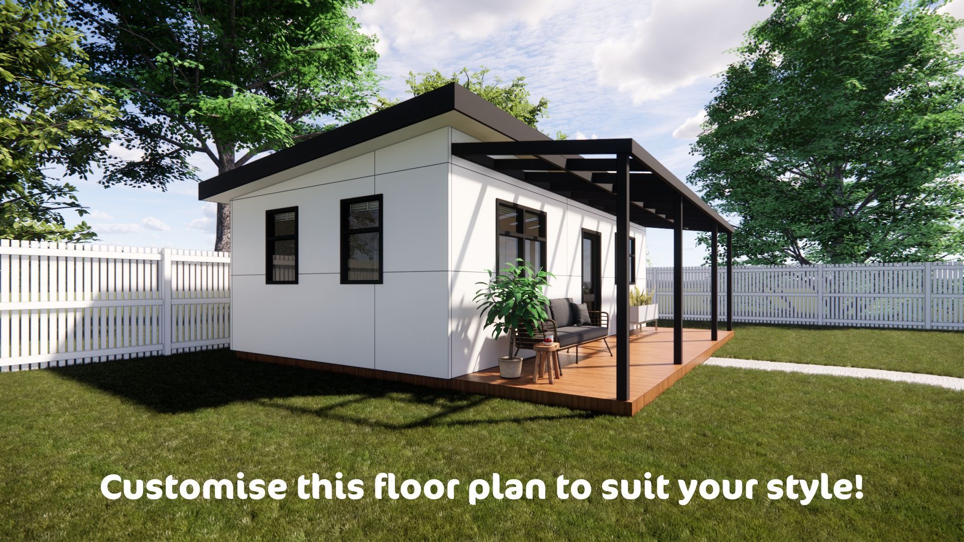 A small white house with a pergola in the backyard.