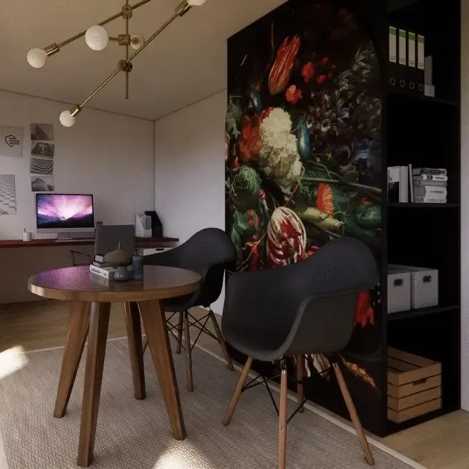 A room with a table and chairs and a wall with flowers on it
