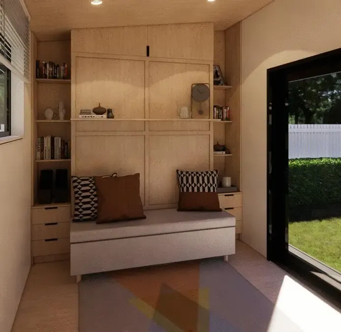 A living room with a couch and a sliding glass door