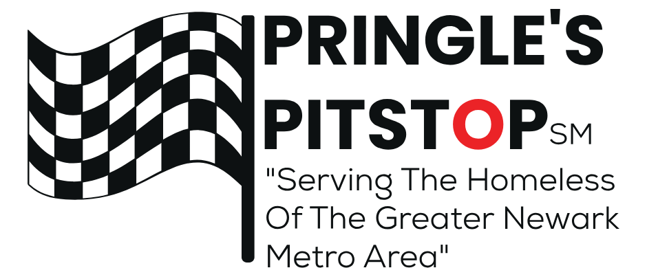 Logo: Pringle's Pitstop, checkered flag, red circle in 'STOP', serves homeless in Newark area.