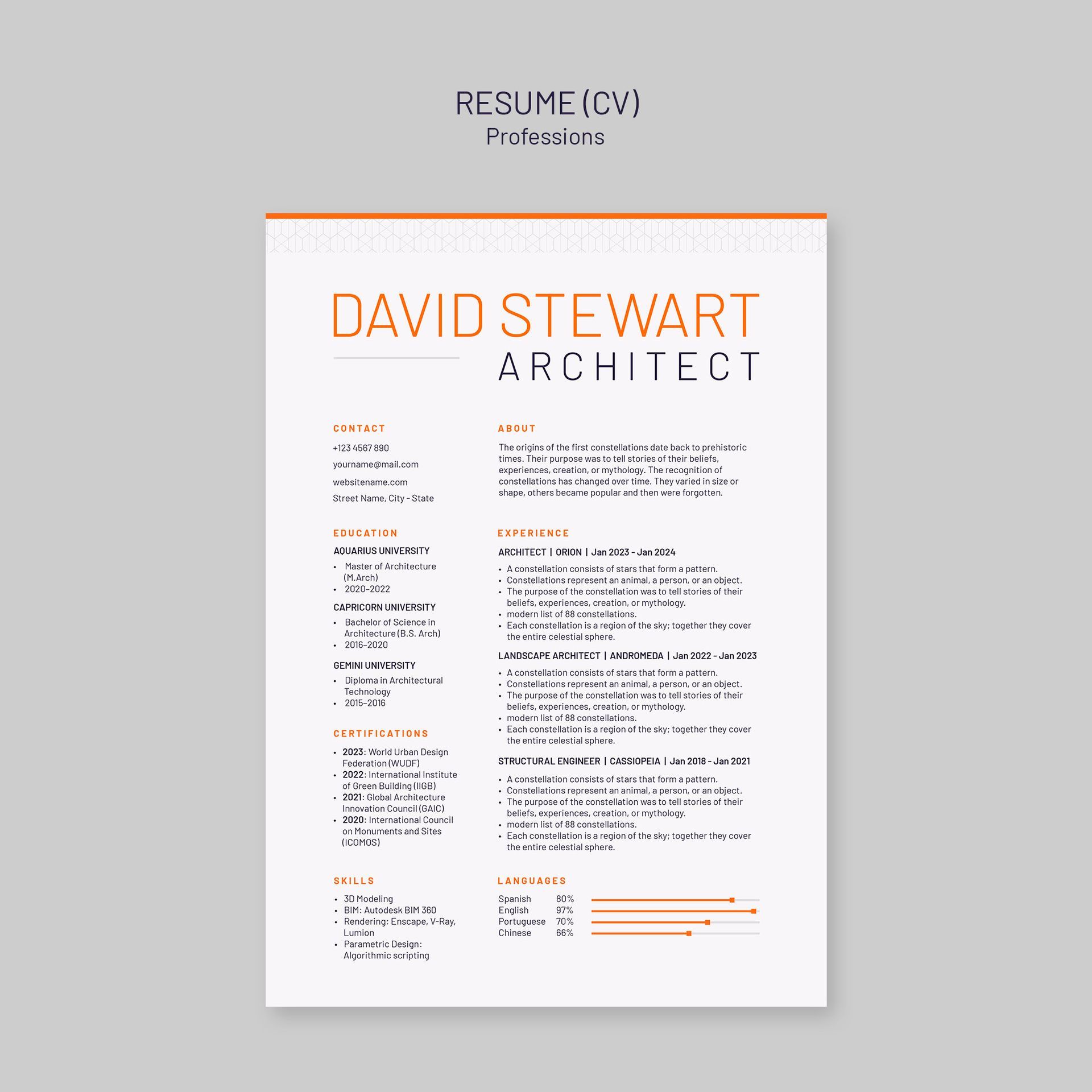Resume of David Stewart, Architect, with orange and white design.
