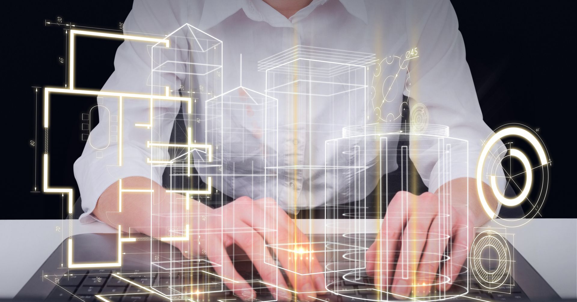 Person typing on a keyboard, with overlaid architectural graphics.