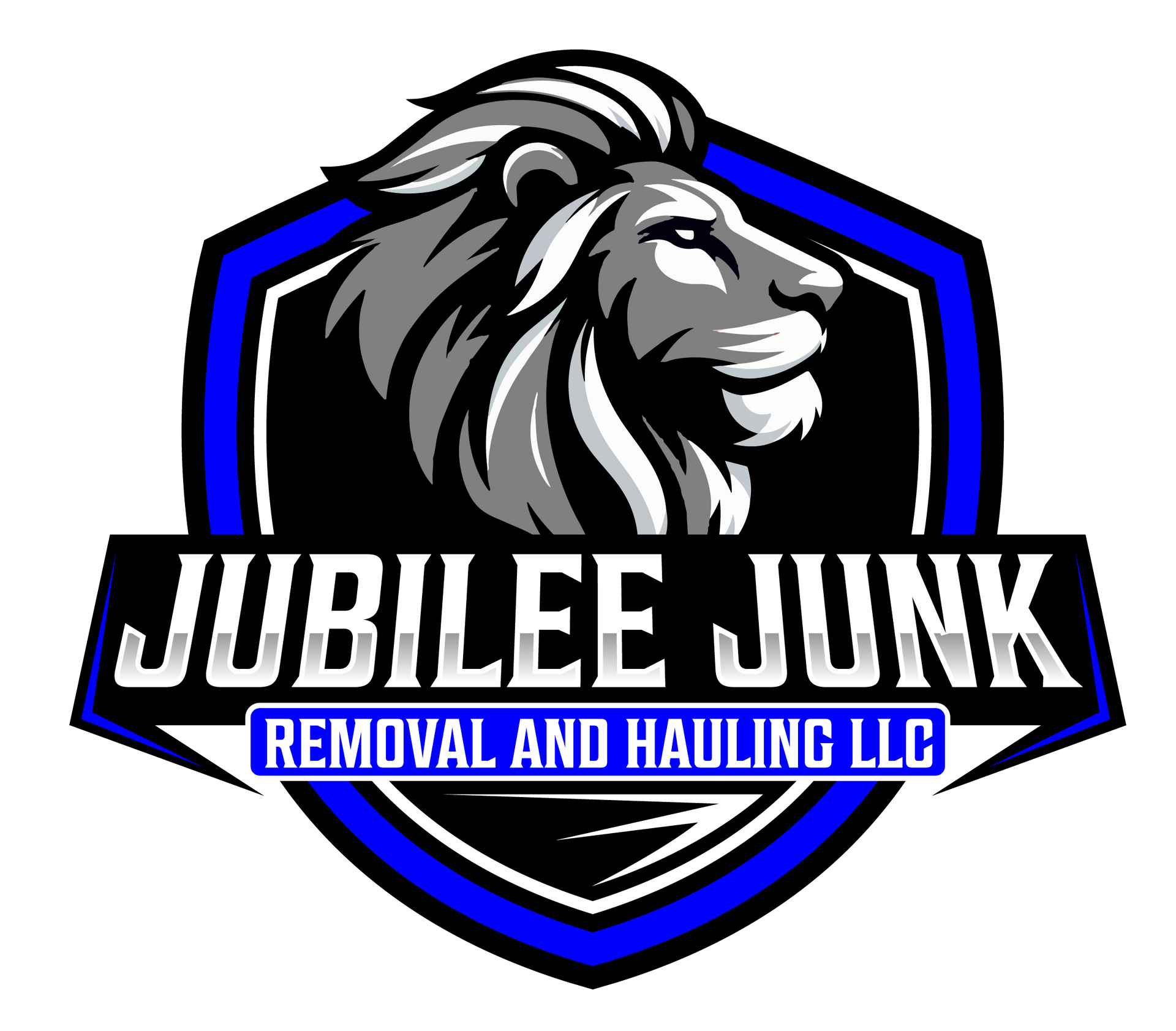 Black-and-blue shield logo with a lion and the text &ldquo;Jubilee Junk Removal and Hauling LLC&rdquo;