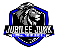 Logo for Jubilee Junk Removal and Hauling LLC with a lion head on a blue-and-black shield