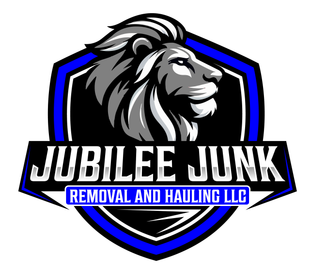 Logo for Jubilee Junk Removal and Hauling LLC with a lion head on a blue-and-black shield