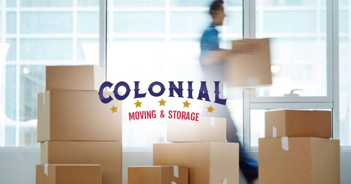 Colonial Moving & Storage logo over blurred movers carrying boxes in a bright room