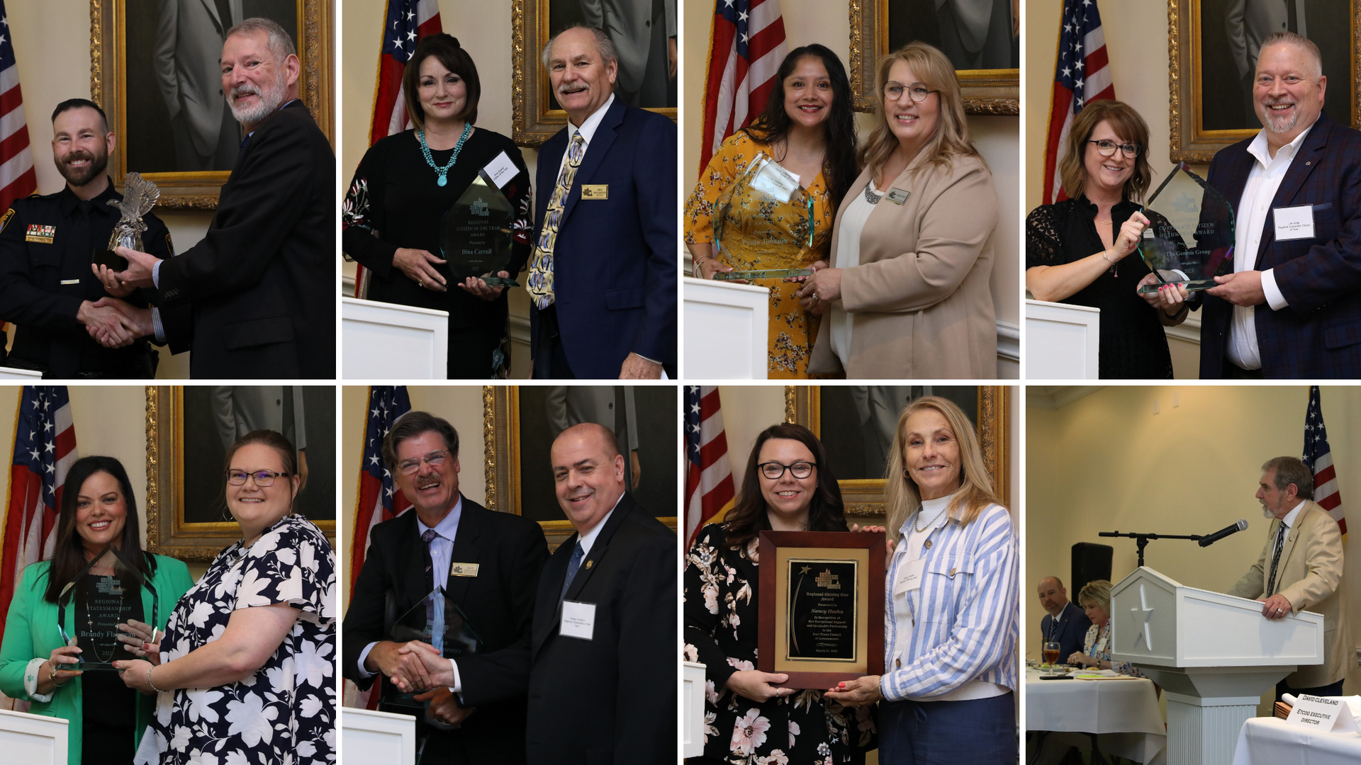 A collage of photos of people standing next to each other holding awards.