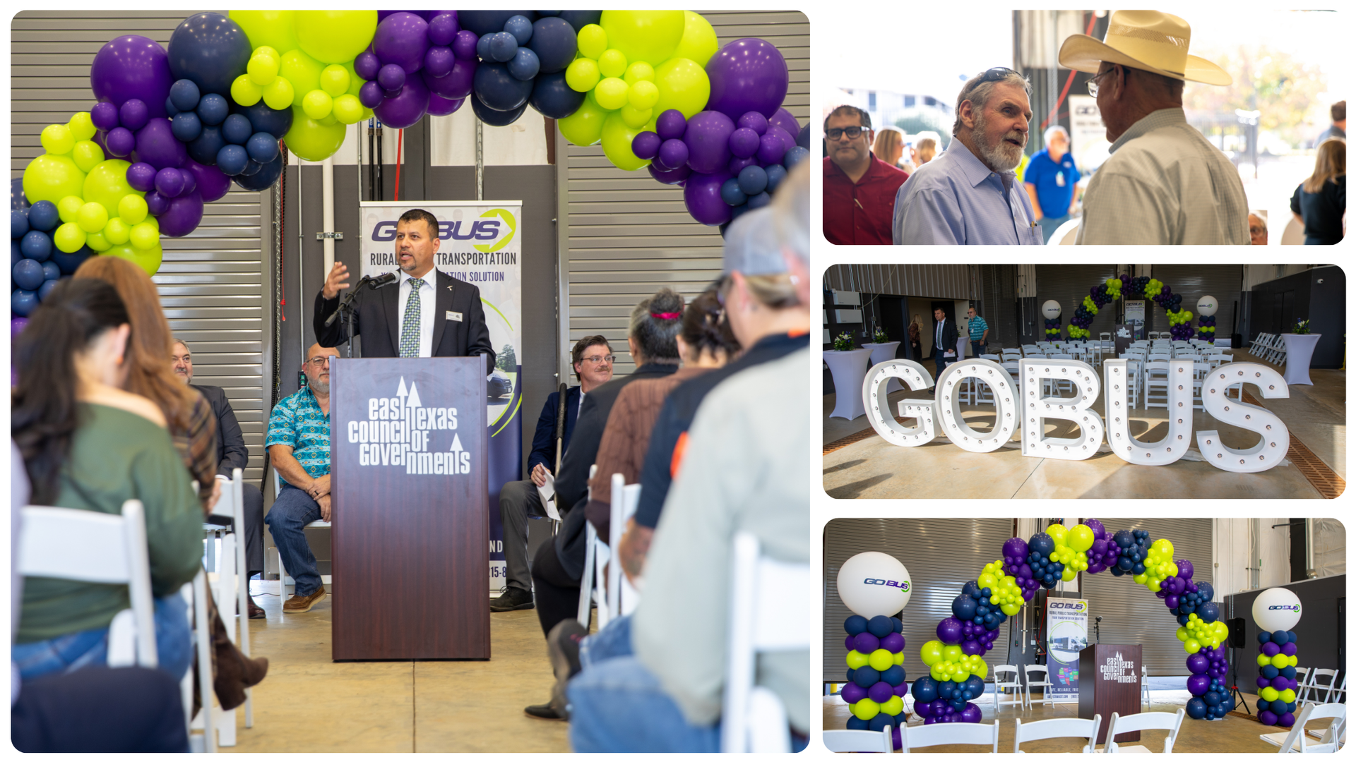 Man speaking at podium with attendees, balloon arch, and 