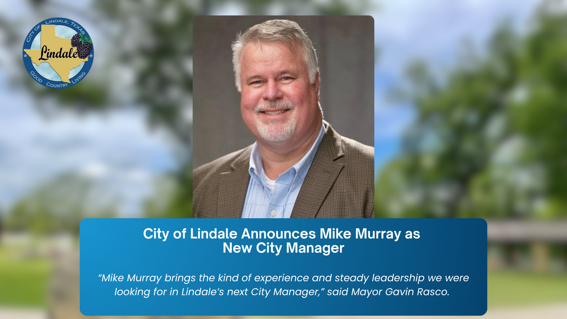 City of Lubbock announcement card for Mike Murray as new city manager, with his portrait and blue text panel